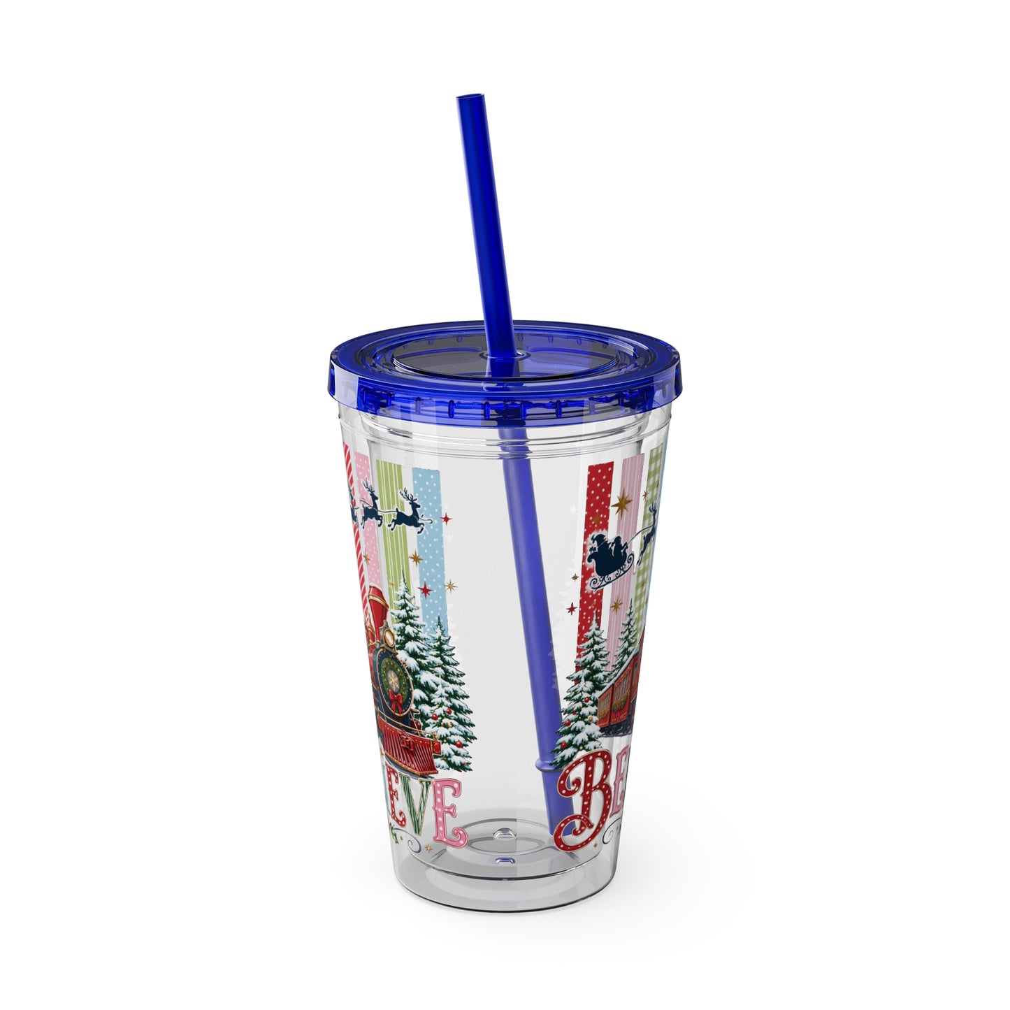 Believe Holiday Tumbler — Christmas Train 16oz Straw Cup