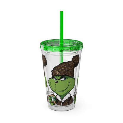 16oz Tumbler — Grinch in Designer Beanie Clear Straw Cup