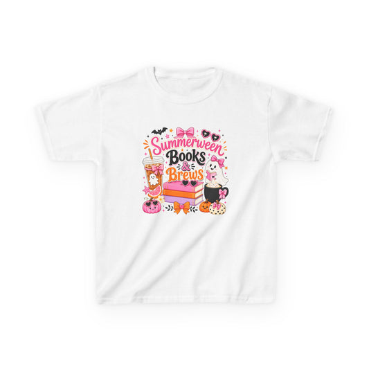 Kids Tee — "Summerween Books & Brew" Cute Halloween Reading Shirt