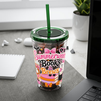 Summerween Books & Brews Tumbler — 16oz Straw Cup for Book Lovers