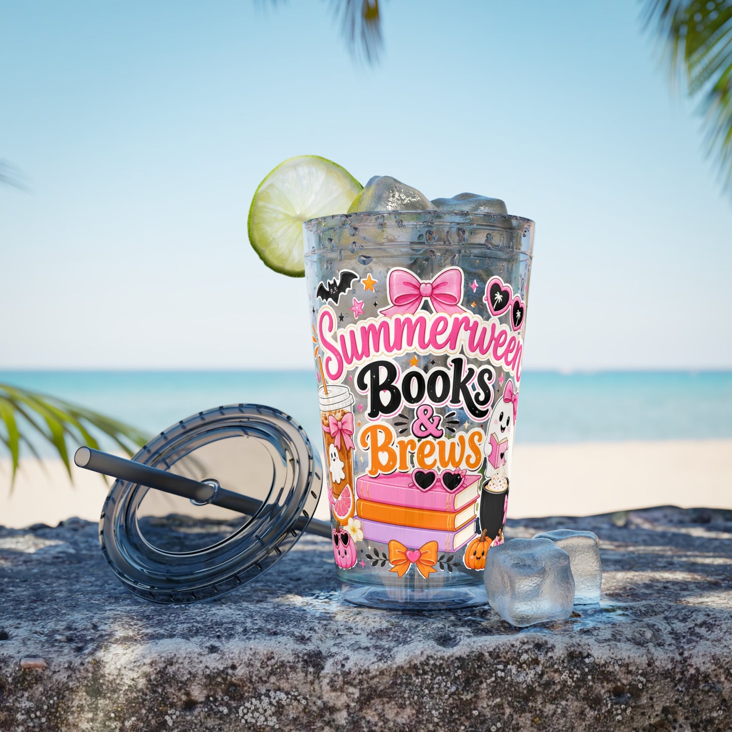 Summerween Books & Brews Tumbler — 16oz Straw Cup for Book Lovers