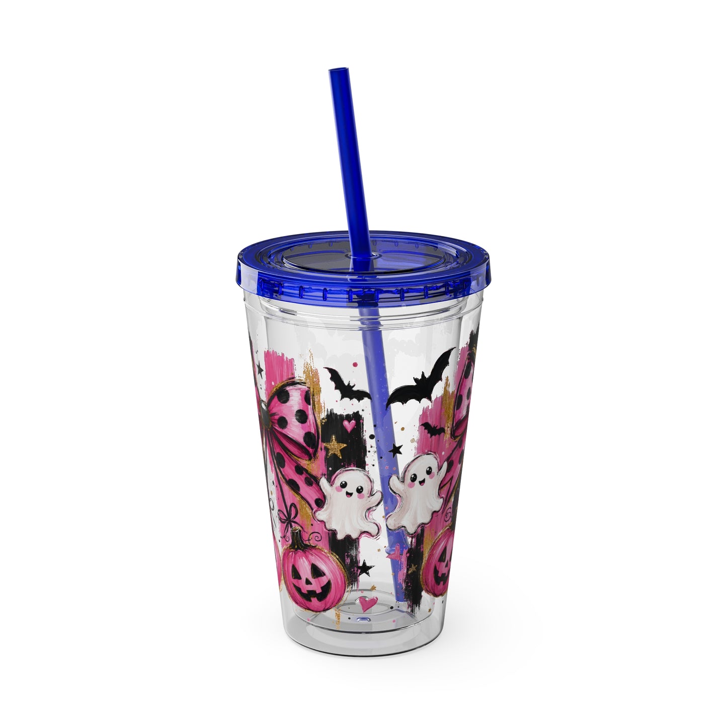 Halloween Pink Ghost Tumbler with Straw — 16oz Cute Pumpkin & Bow Drink Cup