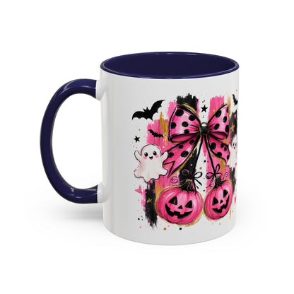 Halloween Pink Pumpkin Coffee Mug — Cute Ghosts & Bow Accent Mug (11/15oz)