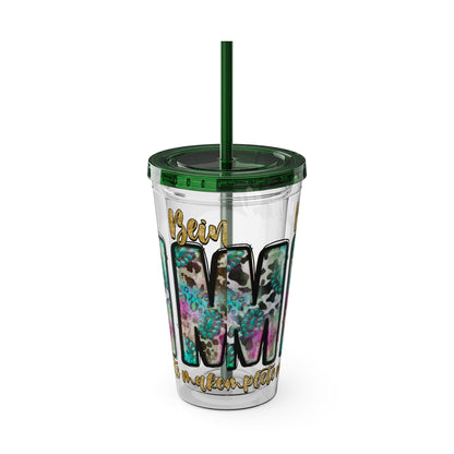 16oz Tumbler with Straw - "Being You" Floral Skull Cold Drink Cup Sunsplash Skull & Sunflower