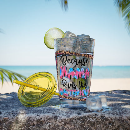 16oz Tumbler with Straw — "Because Mama Runs This…" Leopard Accent Travel Cup