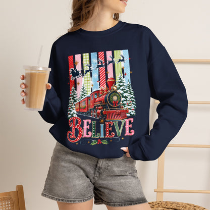 Believe Christmas Crewneck Sweatshirt — Vintage Holiday Train & Santa Silhouette