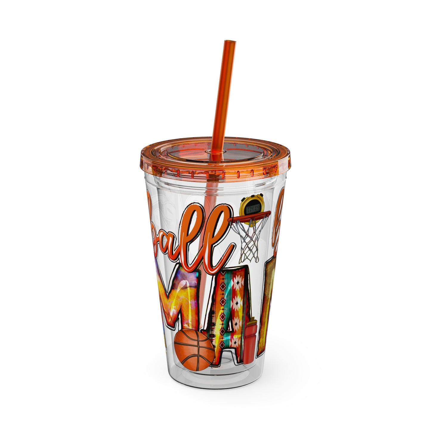 Basketball Mom 16oz Tumbler with Straw — Leopard & Plaid Sunsplash Design