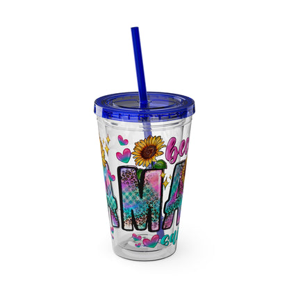 16oz Sunsplash Tumbler with Straw — Floral 'Because I Am' Colorful Sunflower Design