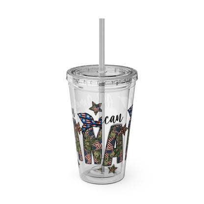 Patriotic Mama 16oz Tumbler with Straw — All American Floral Flag Design