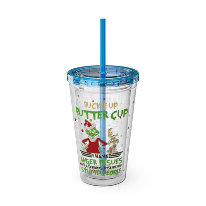16oz Tumbler with Straw — 'Buckle Up Buttercup' Grinch Holiday Travel Cup