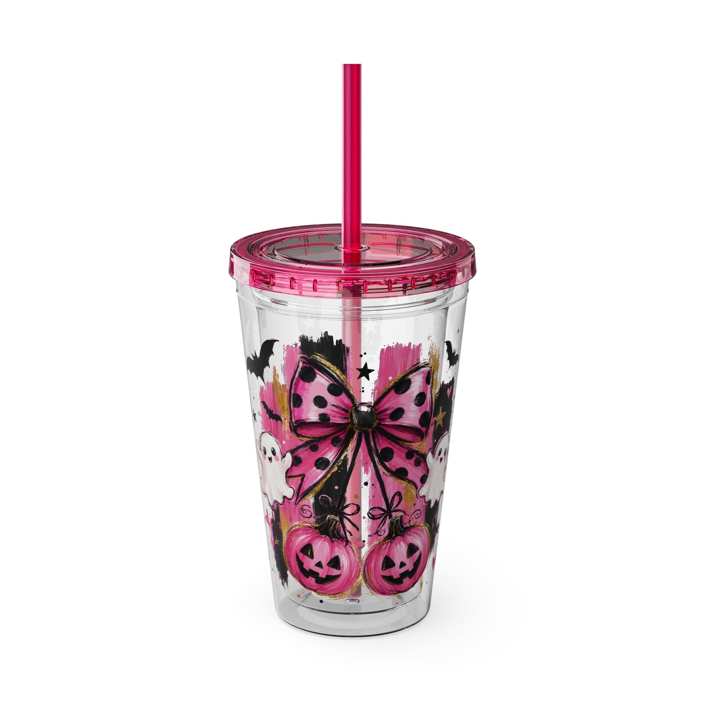 Halloween Pink Ghost Tumbler with Straw — 16oz Cute Pumpkin & Bow Drink Cup