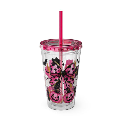Halloween Pink Ghost Tumbler with Straw — 16oz Cute Pumpkin & Bow Drink Cup