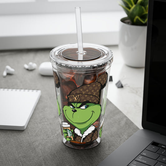 16oz Tumbler — Grinch in Designer Beanie Clear Straw Cup