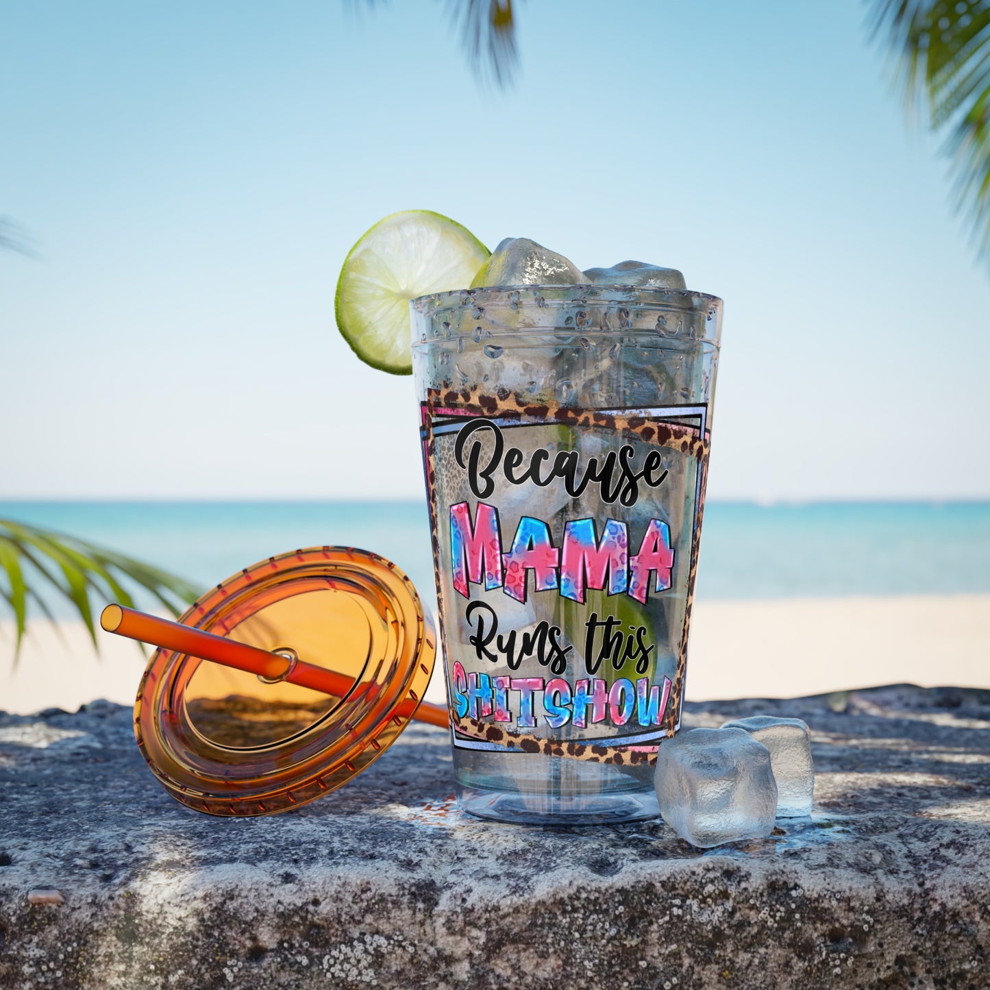 16oz Tumbler — "Because Mama Runs This Sh*tshow" Leopard Print Straw Cup