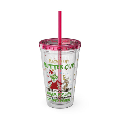 16oz Tumbler with Straw — 'Buckle Up Buttercup' Grinch Holiday Travel Cup