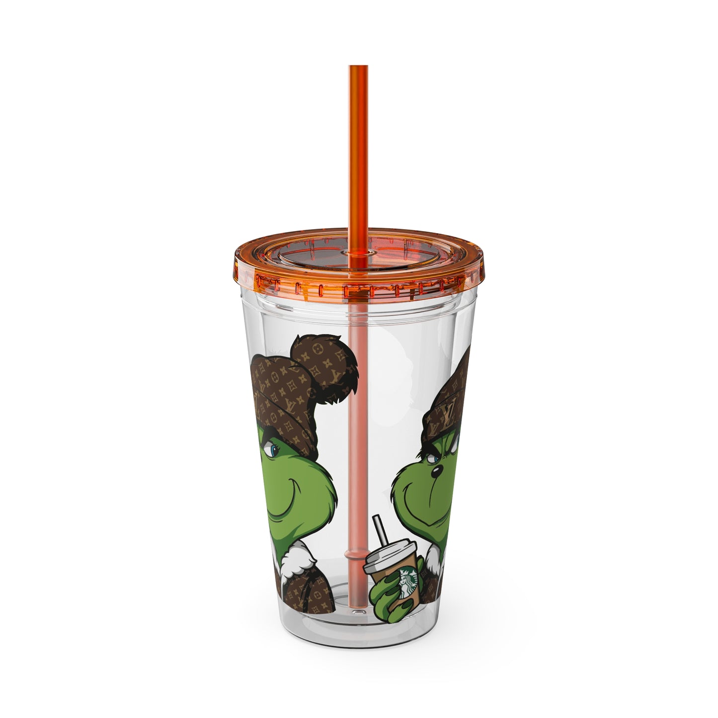 16oz Tumbler — Grinch in Designer Beanie Clear Straw Cup