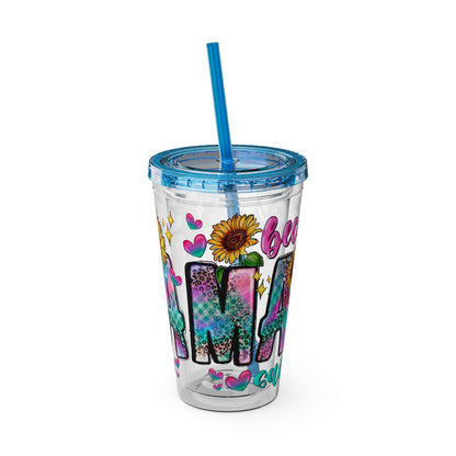 16oz Sunsplash Tumbler with Straw — Floral 'Because I Am' Colorful Sunflower Design