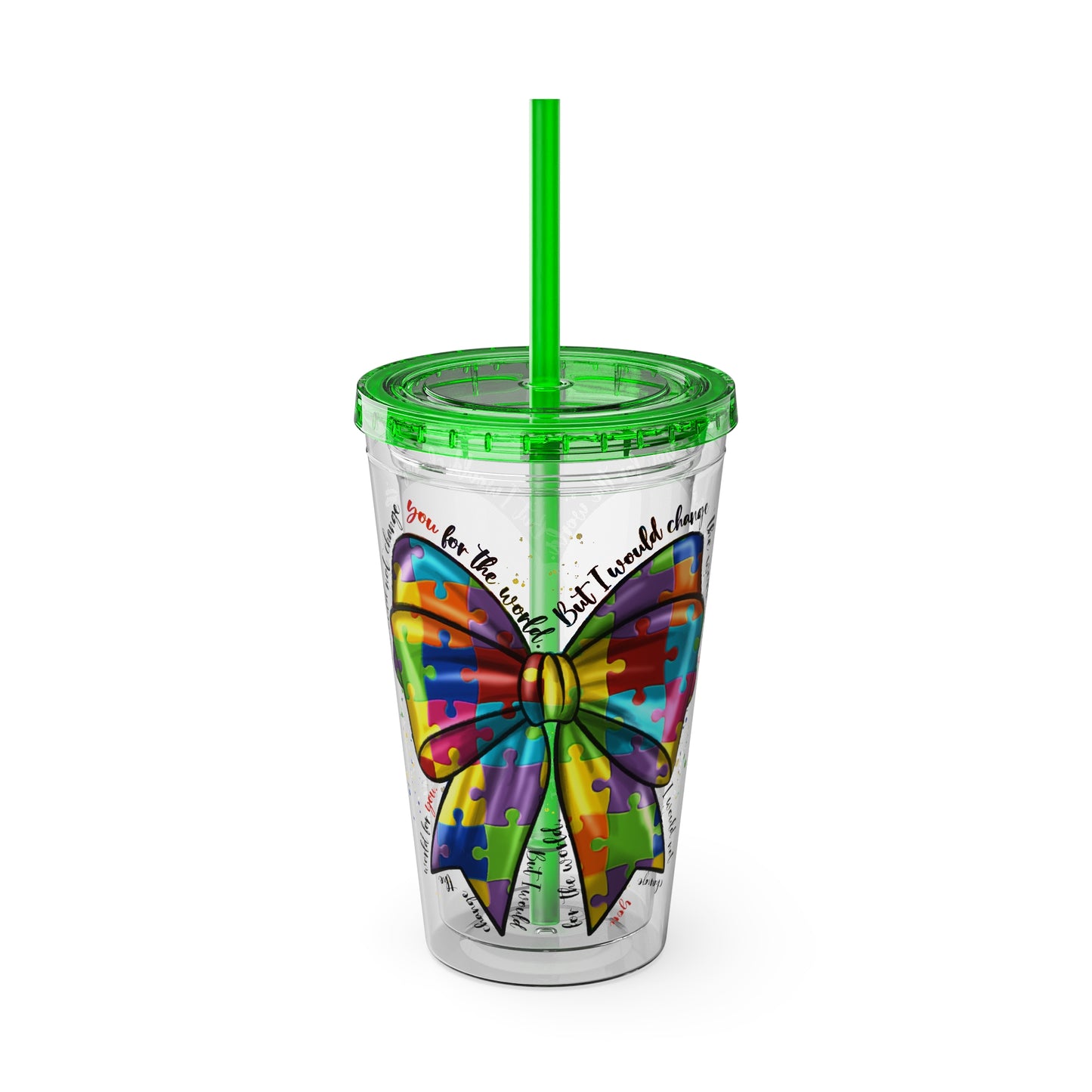 Autism Awareness Rainbow Puzzle Bow Tumbler with Straw, 16oz
