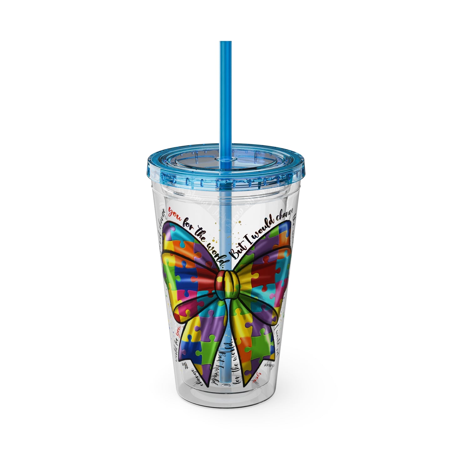 Autism Awareness Rainbow Puzzle Bow Tumbler with Straw, 16oz