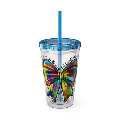 Autism Awareness Rainbow Puzzle Bow Tumbler with Straw, 16oz