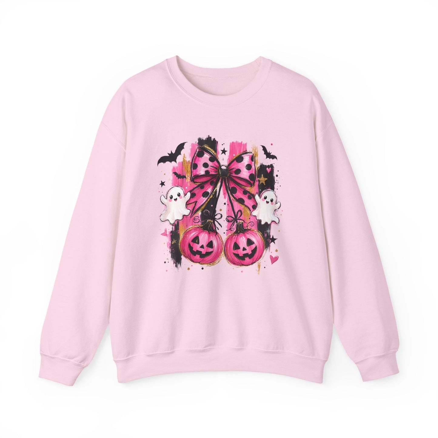 Halloween Pink Pumpkin Crewneck Sweatshirt — Cute Ghosts & Bow Graphic