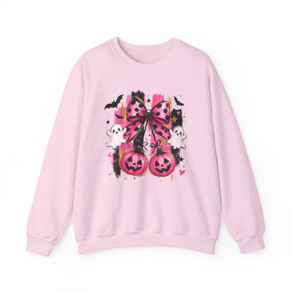 Halloween Pink Pumpkin Crewneck Sweatshirt — Cute Ghosts & Bow Graphic