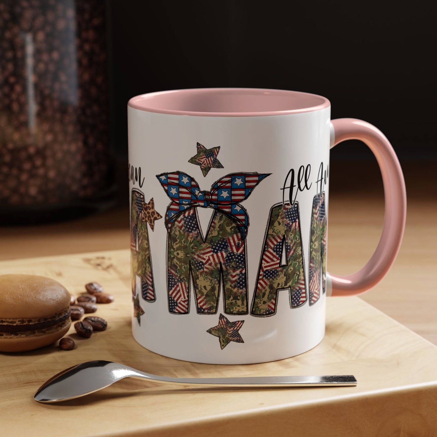 Mama Accent Coffee Mug — All American Patriotic Floral Flag Design (11/15 oz)