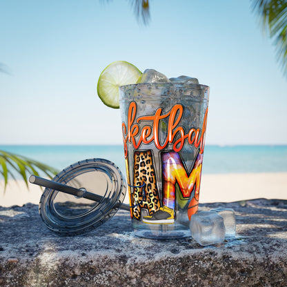 Basketball Mom 16oz Tumbler with Straw — Leopard & Plaid Sunsplash Design