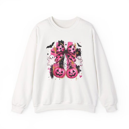Halloween Pink Pumpkin Crewneck Sweatshirt — Cute Ghosts & Bow Graphic