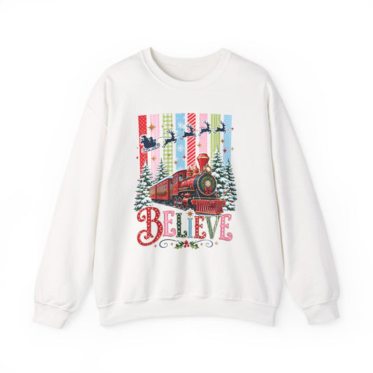 Believe Christmas Crewneck Sweatshirt — Vintage Holiday Train & Santa Silhouette
