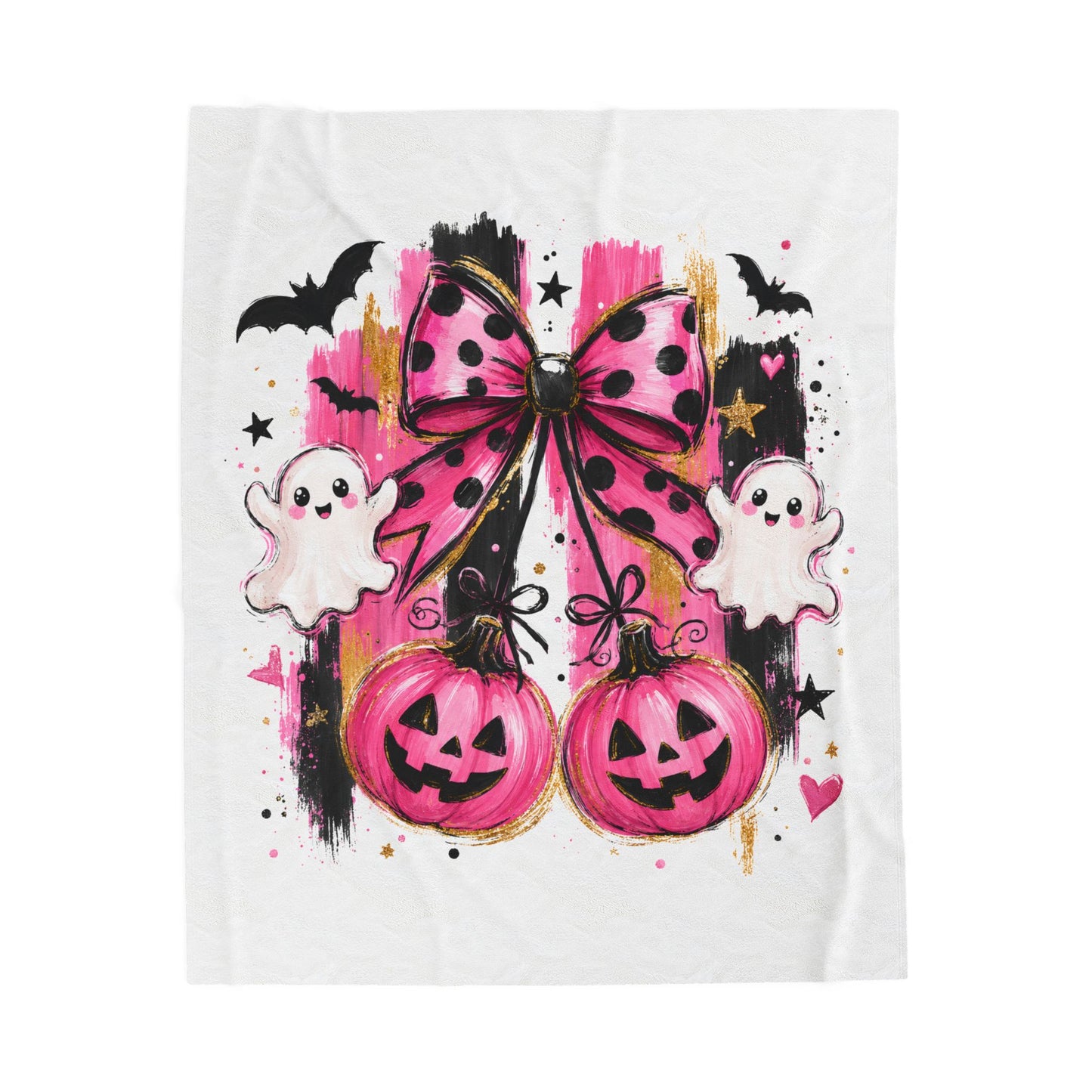 Pink Halloween Plush Blanket - Cute Ghosts, Bats & Jack-O’-Lanterns Velveteen Throw
