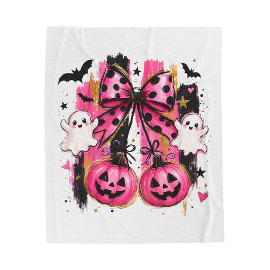 Pink Halloween Plush Blanket - Cute Ghosts, Bats & Jack-O’-Lanterns Velveteen Throw
