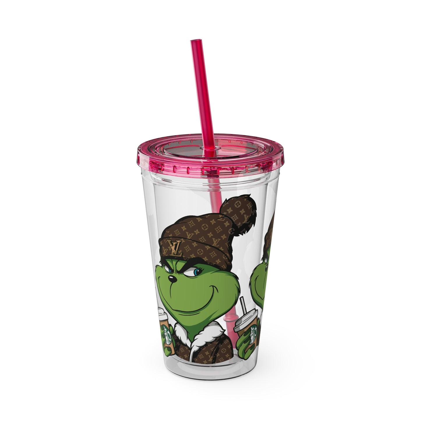 16oz Tumbler — Grinch in Designer Beanie Clear Straw Cup