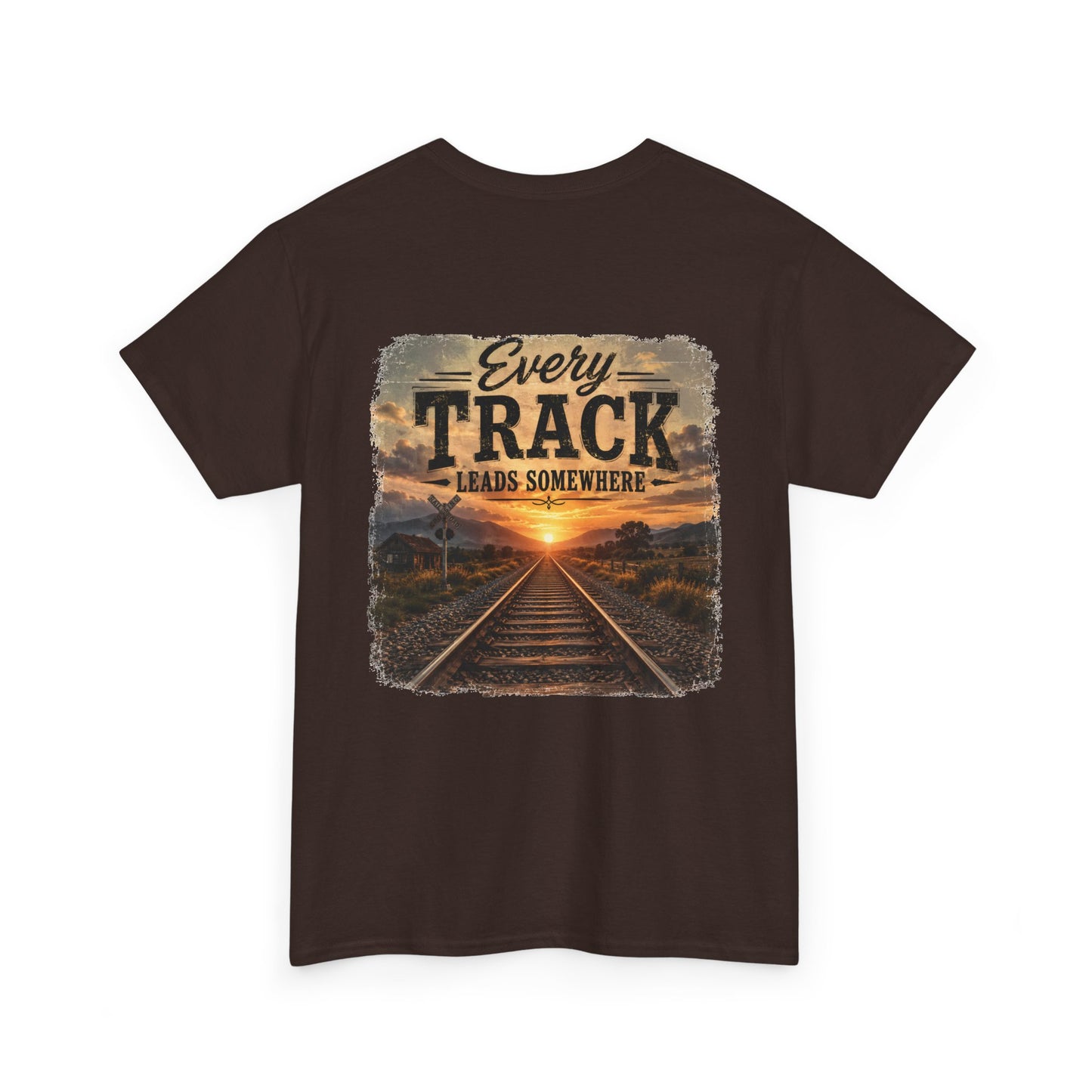 "Every Track Leads Somewhere" Sunset Railroad Graphic Tee