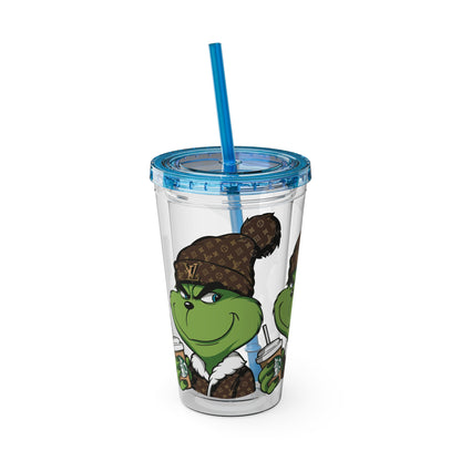 16oz Tumbler — Grinch in Designer Beanie Clear Straw Cup