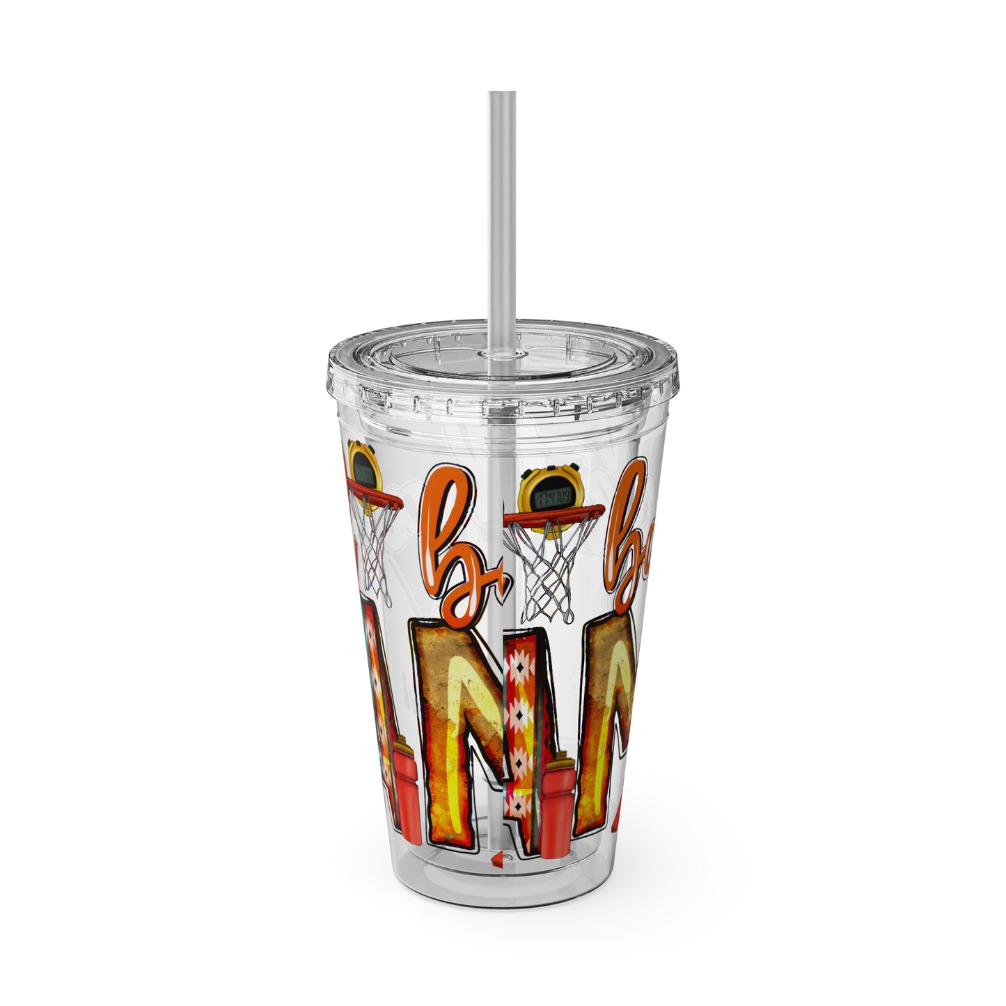 Basketball Mom 16oz Tumbler with Straw — Leopard & Plaid Sunsplash Design