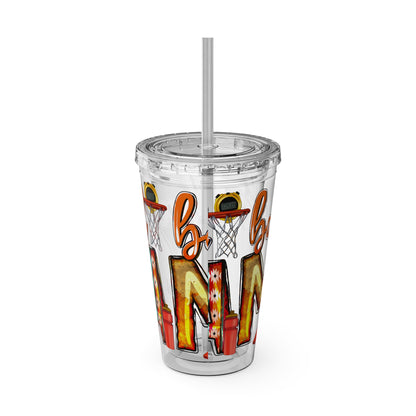 Basketball Mom 16oz Tumbler with Straw — Leopard & Plaid Sunsplash Design