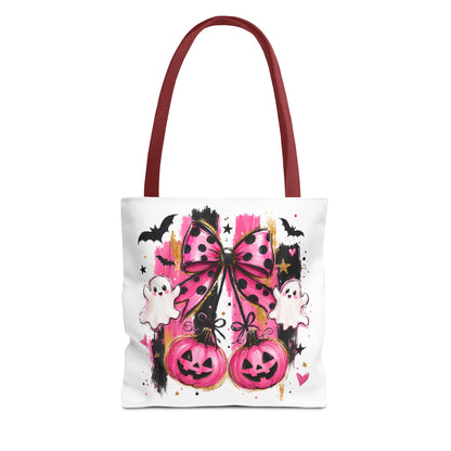 Halloween Pink Bow Tote Bag — Cute Ghosts & Jack-o'-Lanterns AOP