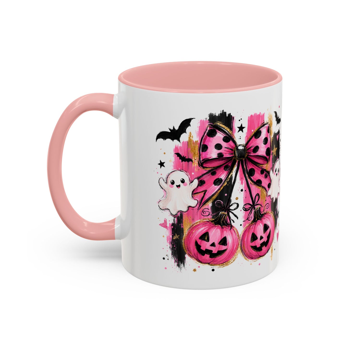 Halloween Pink Pumpkin Coffee Mug — Cute Ghosts & Bow Accent Mug (11/15oz)