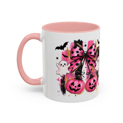 Halloween Pink Pumpkin Coffee Mug — Cute Ghosts & Bow Accent Mug (11/15oz)
