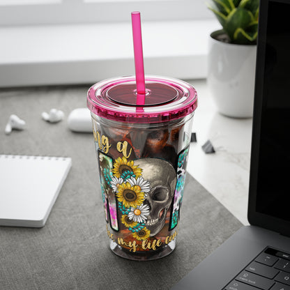 16oz Tumbler with Straw - "Being You" Floral Skull Cold Drink Cup Sunsplash Skull & Sunflower