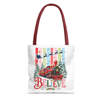 Believe Christmas Tote Bag — Vintage Holiday Train Gift Tote