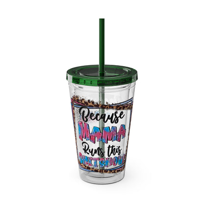 16oz Tumbler with Straw — "Because Mama Runs This…" Leopard Accent Travel Cup