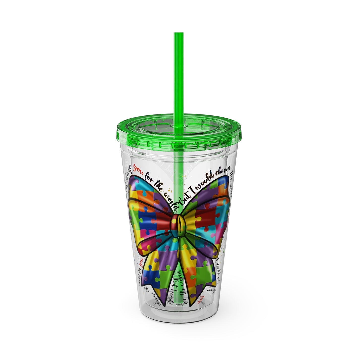 Autism Awareness Rainbow Puzzle Bow Tumbler with Straw, 16oz
