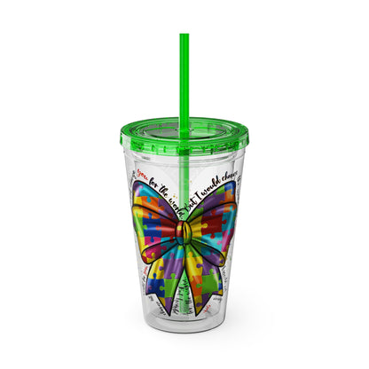 Autism Awareness Rainbow Puzzle Bow Tumbler with Straw, 16oz