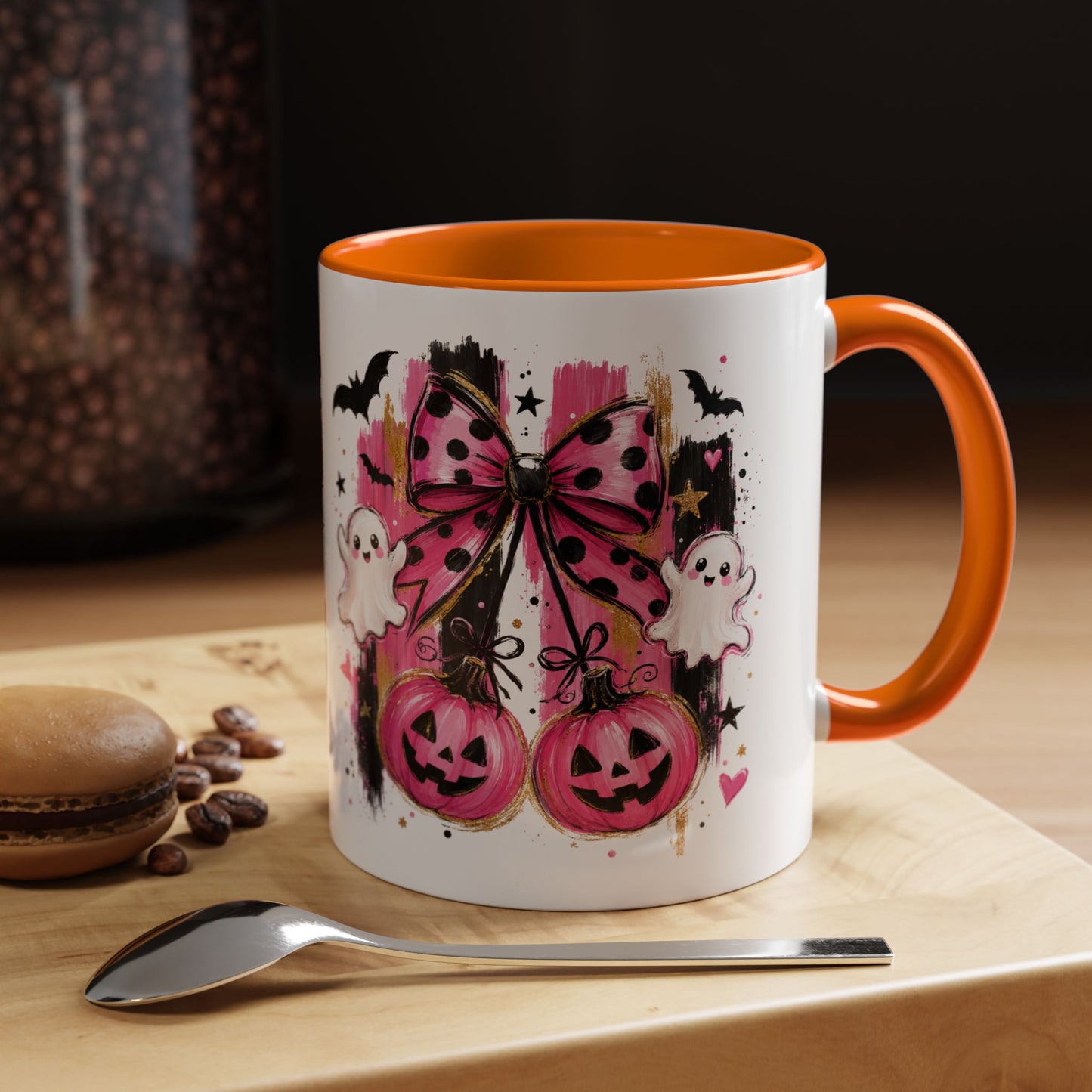 Halloween Pink Pumpkin Coffee Mug — Cute Ghosts & Bow Accent Mug (11/15oz)