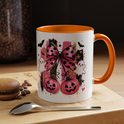 Halloween Pink Pumpkin Coffee Mug — Cute Ghosts & Bow Accent Mug (11/15oz)