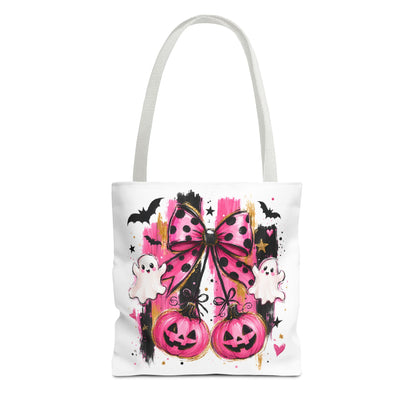 Halloween Pink Bow Tote Bag — Cute Ghosts & Jack-o'-Lanterns AOP