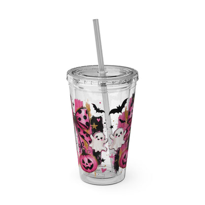 Halloween Pink Ghost Tumbler with Straw — 16oz Cute Pumpkin & Bow Drink Cup