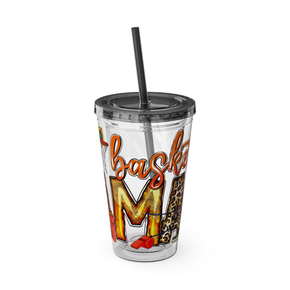 Basketball Mom 16oz Tumbler with Straw — Leopard & Plaid Sunsplash Design